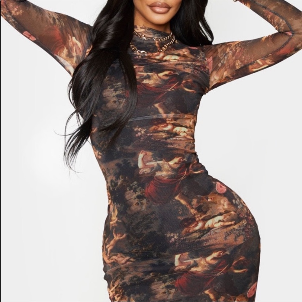 PrettyLittleThing Black Mesh Long Sleeve Renaissance Print Bodycon Dress